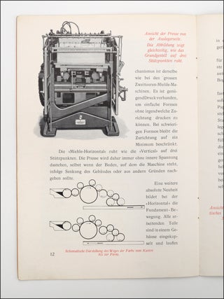 The Miehle Horizontal. Automatischer Schnelläufer von hervorragender Qualität für Druckarbeiten aller Art innerhalb der Bogengrösse von 15 1/2 x 23 bis 50 x 70 cm hergesteelt von der Miehle Printing Press & Mfg. Co. Chicago.