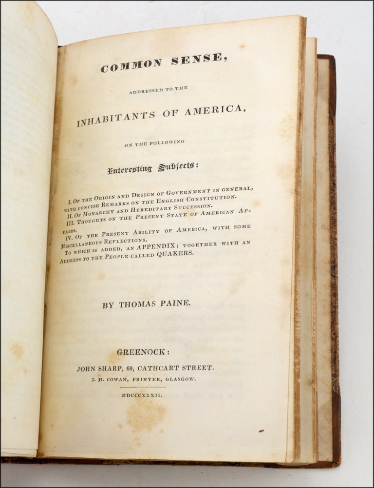 Item #21488 Sammelband collection of three Thomas Paine titles (The Rights of Man in two separately-published parts), issued under the imprints of Scottish radical reform booksellers, plus Sherwin&rsquo;s Life of Thomas Paine under a reforming Glasgow imprint, as well as a Paine title published earlier by the radical London publisher Richard Carlile. Radical Scotland, Thomas Paine.